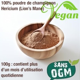 Poudre de Champignon Hericium Lions Mane 100g - Soutien Naturel pour Votre Bien-être Mental et Digestif - Certifiée Vegan 
