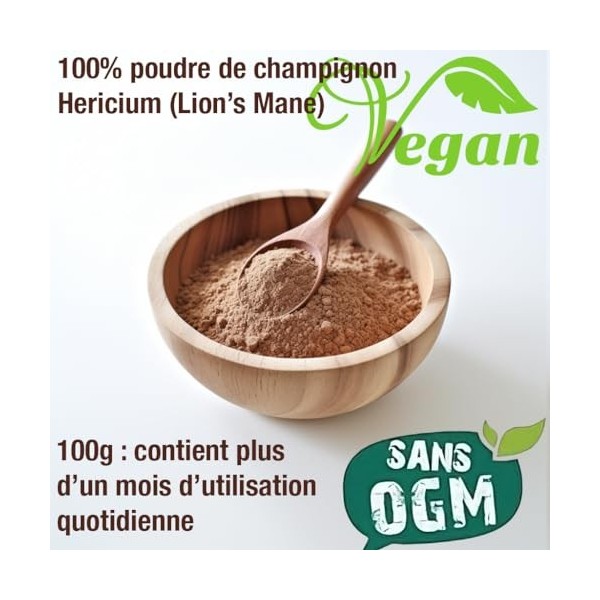 Poudre de Champignon Hericium Lions Mane 100g - Soutien Naturel pour Votre Bien-être Mental et Digestif - Certifiée Vegan 