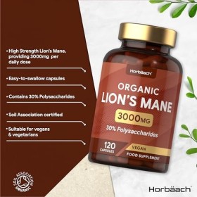 Lions Mane Mushroom Bio 3000mg | Criniere de Lion Haute Résistance | 120 Capsules Végétaliennes | par Horbaach