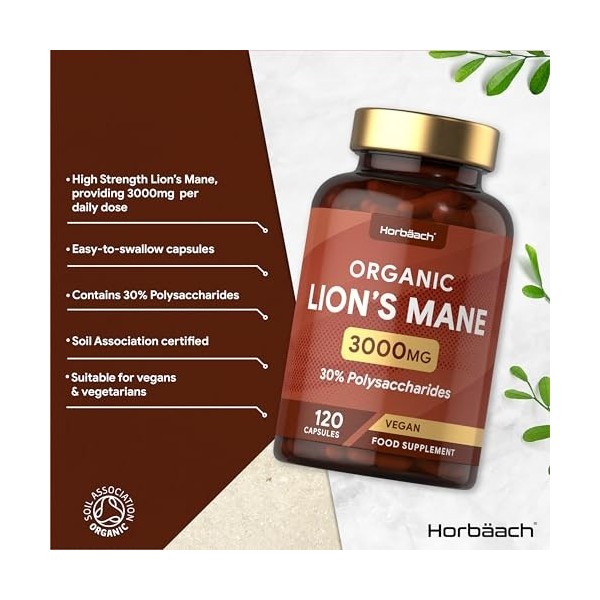 Lions Mane Mushroom Bio 3000mg | Criniere de Lion Haute Résistance | 120 Capsules Végétaliennes | par Horbaach