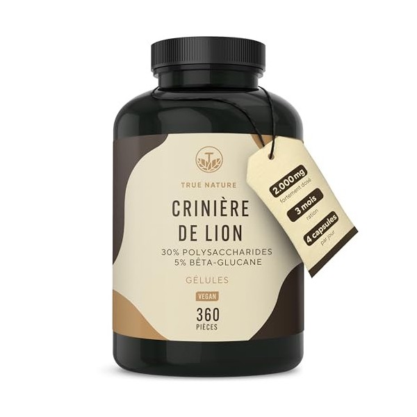 Lions Mane/Crinière de Lion - 2000mg de Hericium Erinaceus, 60.000mg, 30:1 extrait - 30% Polysaccharides, 5% Bêta-Glucane -