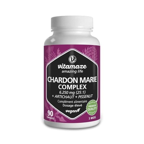 Complexe de Chardon Marie avec Artichaut et Pissenlit - 90 Gélules Végétaliennes pour 3 Mois Hautement Dosé -250 mg dextrait