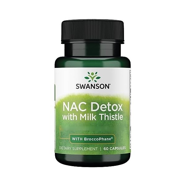 Swanson, NAC Detox with Milk Thistle Chardon-Marie , avec Pousses de Brocoli et Sulforaphane, 60 Capsules, Haute Dosé, Sans 