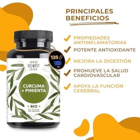Curcuma et poivre noir | 120 Gélules. Anti-inflammatoire et antioxydant naturel. Haute concentration, ingrédients BIO Curcum