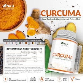 Curcuma Gingembre et Poivre Noir - 365 Gélules Vegan 1 An - 95% de Curcumine - 720mg de Curcuma par Gélule de Haute Absorpt