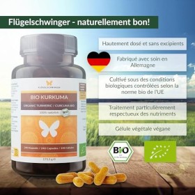 240 capsules de curcuma BIO, haute dose, qualité bio certifiée, sans additifs, sans pipérine, sans poivre, curcuma, cru, véga