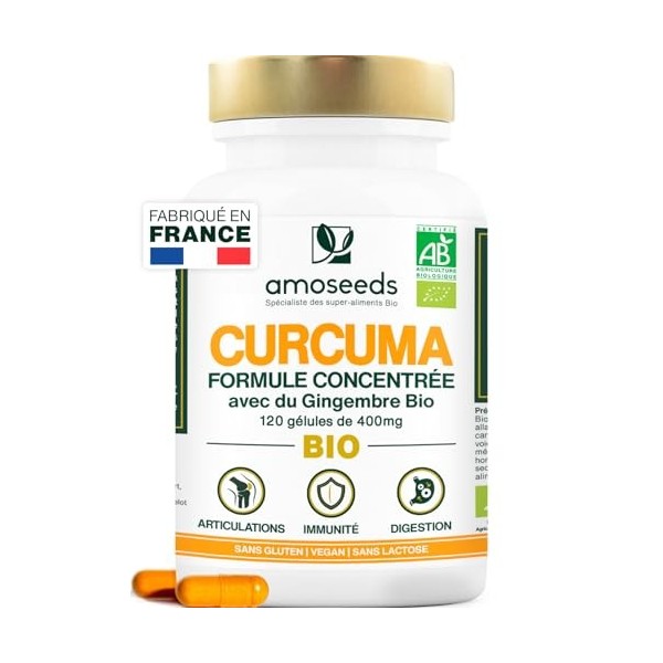 Curcuma BIO Haute Concentration | Avec Gingembre Bio | Curcumine Haute Absorption | Sans Pipérine | Articulations | 120 Gélul