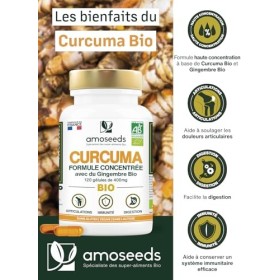 Curcuma BIO Haute Concentration | Avec Gingembre Bio | Curcumine Haute Absorption | Sans Pipérine | Articulations | 120 Gélul