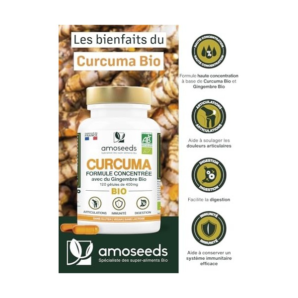 Curcuma BIO Haute Concentration | Avec Gingembre Bio | Curcumine Haute Absorption | Sans Pipérine | Articulations | 120 Gélul