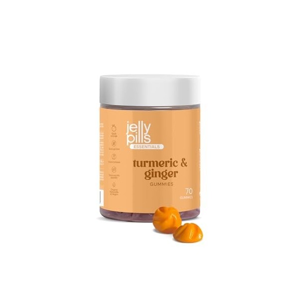 Jelly Pills® Curcuma Gingembre et Poivre noir - 70 Gummies Végétaliens au Goût Orange - Extrait de Curcuma - Sans sucre ajout