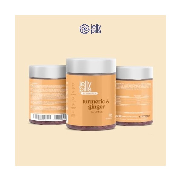 Jelly Pills® Curcuma Gingembre et Poivre noir - 70 Gummies Végétaliens au Goût Orange - Extrait de Curcuma - Sans sucre ajout