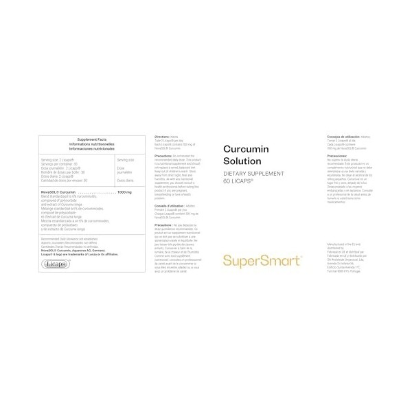 Supersmart - Tumeric Curcumin Solution - Curcuma - Conditionnement en Capsules LICAPS® 185 Fois plus Biodisponible que la Cu