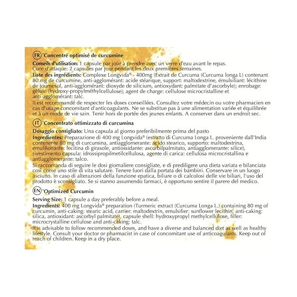 Longvida Curcumine optimisée -Optim Curcuma 30 gélules - Extrait de Curcuma sans poivre noir sans piperine - Vegan - Curcuma 