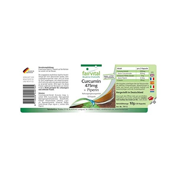 Fairvital | Extrait de Curcuma + Pipérine - Curcumine avec du poivre noir - Hautement dosé - VEGAN - 120 gélules