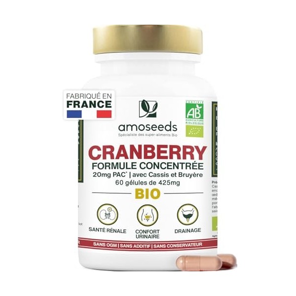 Cranberry BIO | 5% PAC, Extrait Haute Concentration | Confort Urinaire, Reins, Vessie | Formule avec Cassis et Bruyère Bio | 