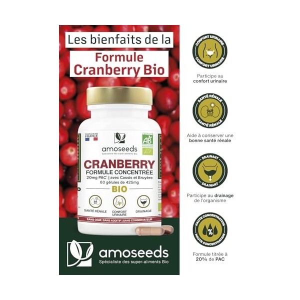 Cranberry BIO | 5% PAC, Extrait Haute Concentration | Confort Urinaire, Reins, Vessie | Formule avec Cassis et Bruyère Bio | 