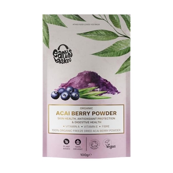 Earths Basket Poudre de baies daçai bio | Euterpe Precatoria lyophilisé | 100 % pure et certifiée biologique | Superaliment