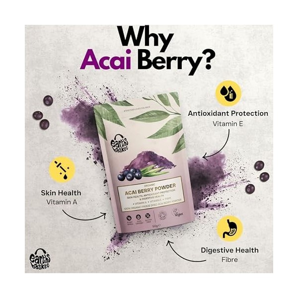 Earths Basket Poudre de baies daçai bio | Euterpe Precatoria lyophilisé | 100 % pure et certifiée biologique | Superaliment