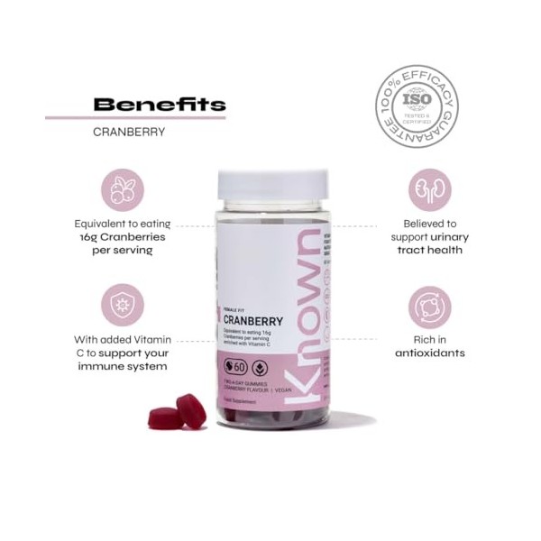 Gummies Délicieux aux Canneberges Known – Haute Concentration, Équivaut à 16g de Canneberges Fraîches – Saveur Naturelle – 60