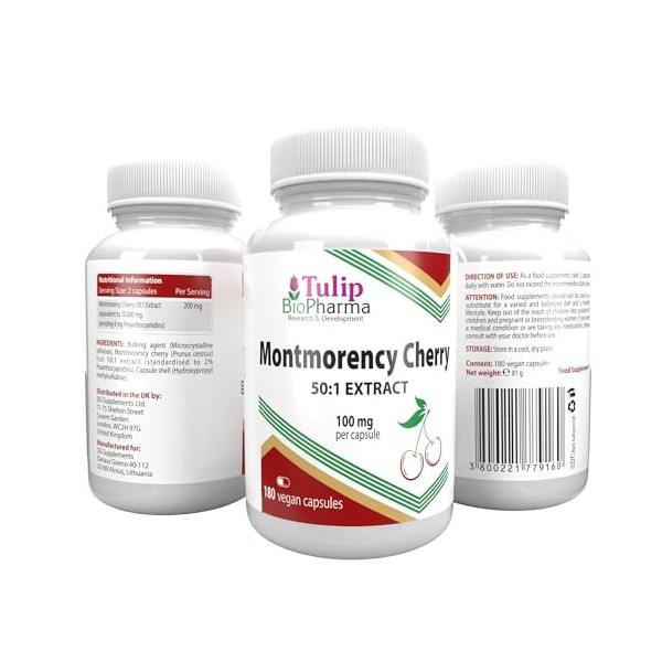 Montmorency Cherry Équivalent à 5 000 mg 100 mg dextrait 50:1 180 gélules végétaliennes, testées en laboratoire par des ti