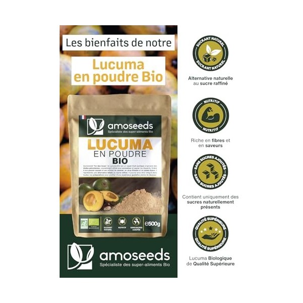 Lucuma en poudre BIO 500G | Sucrant Naturel, Sans sucre ajoutés | 100% Naturel et Pur | Alternative au sucre | Sans OGM, sans