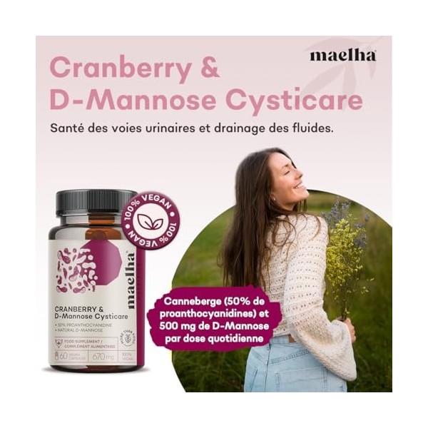 Complément alimentaire Canneberge et D-Mannose, 670 mg, 60 gélules végétales, 40,2 g, 100% Vegan
