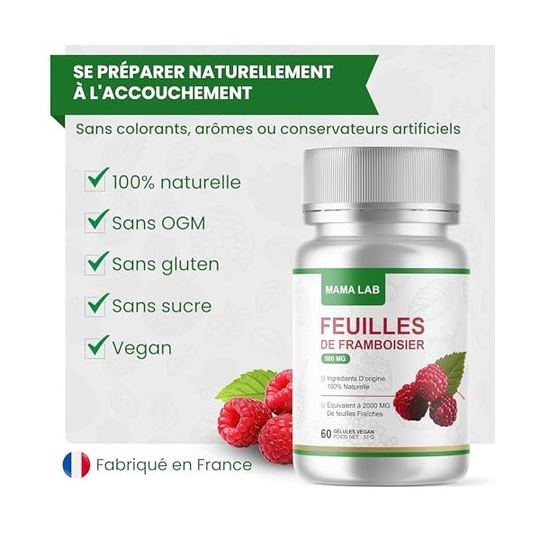 MAMA LAB Gélules de Feuilles de Framboisier | Complément alimentaire spécial femme, règles douloureuses, préparation à l’acco