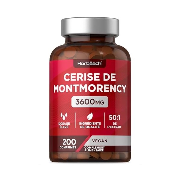 Cerise de Montmorency 3600 mg Extrait Puissant 50:1 | 200 Comprimes Vegan | Concentré Végétalien dExtrait de Cherry | par 