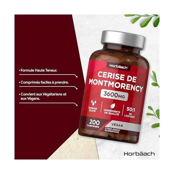 Cerise de Montmorency 3600 mg Extrait Puissant 50:1 | 200 Comprimes Vegan | Concentré Végétalien dExtrait de Cherry | par 