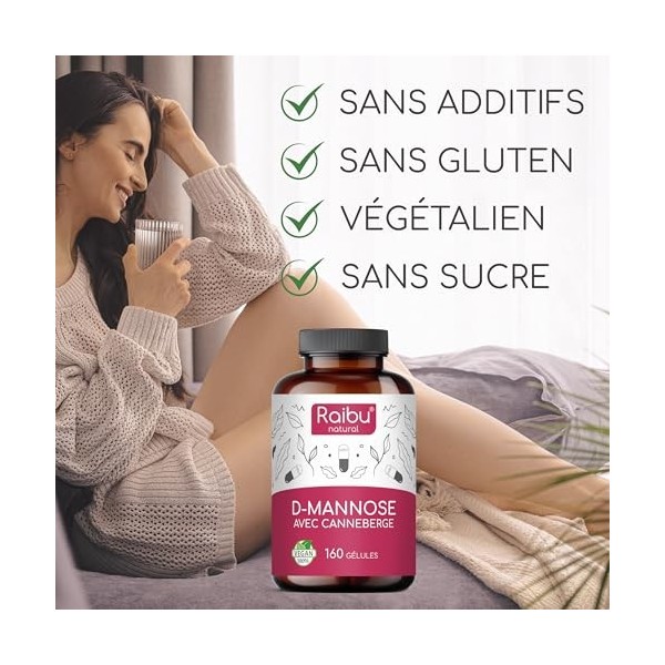 D-Mannose Raibu - Pur 2100 mg par Dose Quotidienne Fortement Dosée - Avec canneberge et vitamine C, 160 gélules - D Mannose V