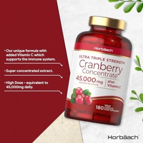Cranberry Gelules 45000 mg avec 300mg Vitamine C | Extrait de cranberry haute résistance avec vitamine C | 180 vegan gélules 