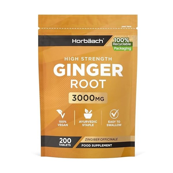 Gingembre 3000mg | 200 Comprimés Végétaliens | Gingembre en Poudre | Source de Fer, Potassium, Vitamine C, Magnésium | Zingib