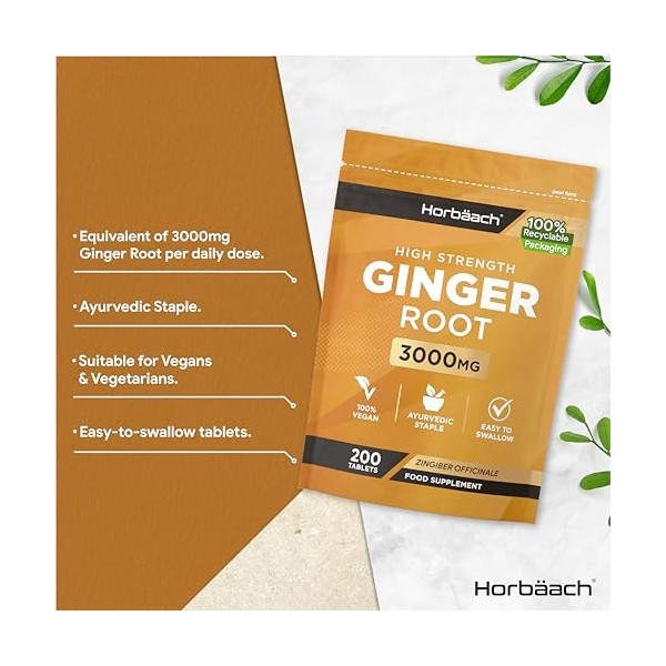 Gingembre 3000mg | 200 Comprimés Végétaliens | Gingembre en Poudre | Source de Fer, Potassium, Vitamine C, Magnésium | Zingib