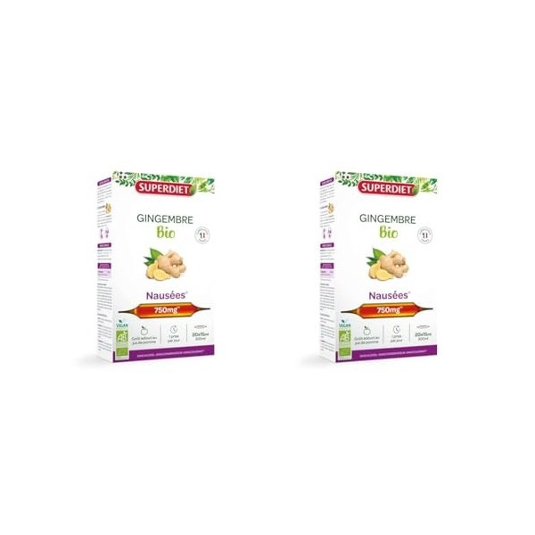 SUPERDIET - GINGEMBRE BIO - Nausées, Mal des transports, Grossesse -100% Pur jus - Fabriqué en France - 20 ampoules de 15 ml 