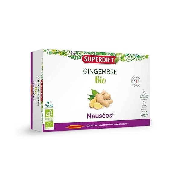 SUPERDIET - GINGEMBRE BIO - Nausées, Mal des transports, Grossesse -100% Pur jus - Fabriqué en France - 20 ampoules de 15 ml 