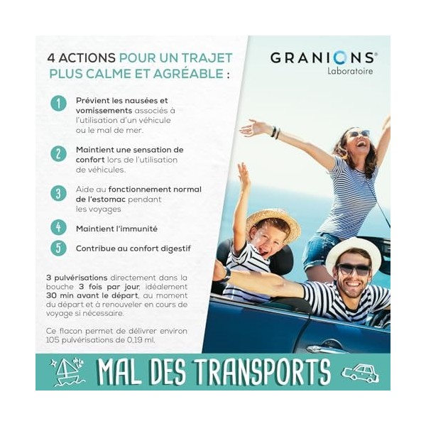GRANIONS - Spray Mal des Transports Enfant et Adulte - Contre Nausées et Vomissements - Voyage Voiture Enfant - Complément Al