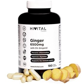Gingembre 6500 mg. 180 gélules végétaliennes pour 6 mois. Extrait Naturel avec 5% de Gingérols apportant 32,5 mg par gélule. 