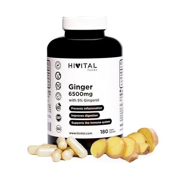 Gingembre 6500 mg. 180 gélules végétaliennes pour 6 mois. Extrait Naturel avec 5% de Gingérols apportant 32,5 mg par gélule.