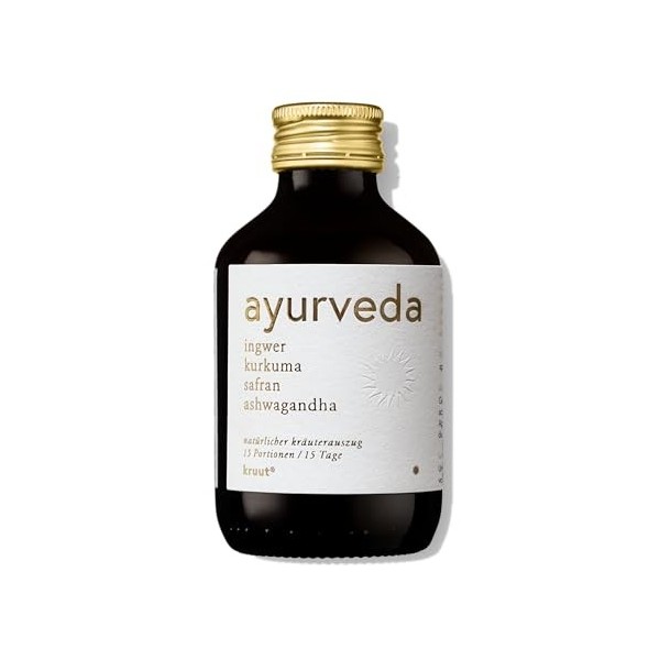 Kruut Extrait dherbes Ayurveda bio 150 ml – Elixir doré à base dherbes puissantes – Gingembre, curcuma, cardamome, safran e