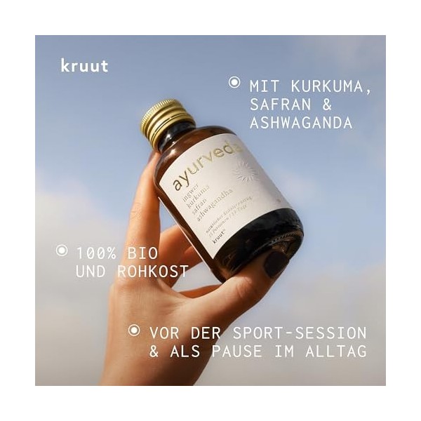 Kruut Extrait dherbes Ayurveda bio 150 ml – Elixir doré à base dherbes puissantes – Gingembre, curcuma, cardamome, safran e