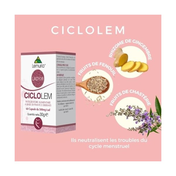 Lemuria - CICLOLEM - Pour les troubles du cycle menstruel, avec des extraits de fenouil, de cannelle et de gingembre - 60 gél