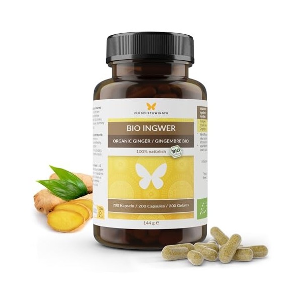 200 capsules de gingembre BIO de 600 mg, hautement dosées, fabriquées en Allemagne, cultivées selon les normes bio de lUE, q