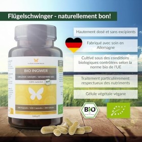 200 capsules de gingembre BIO de 600 mg, hautement dosées, fabriquées en Allemagne, cultivées selon les normes bio de lUE, q