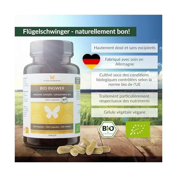 200 capsules de gingembre BIO de 600 mg, hautement dosées, fabriquées en Allemagne, cultivées selon les normes bio de lUE, q