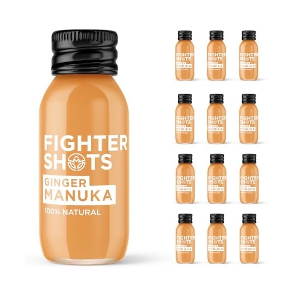 Fighter Shots Gingembre + Miel de Manuka 12x60ml | Pour la digestion | Renforce limmunité | 100% Naturel | Sans conservate