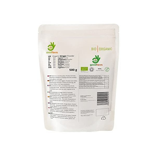 GoodFarm Bio Poudre de Gingembre 500g - Qualité supérieure, certifié biologique | Arôme et goût supérieurs | Excellent ajout
