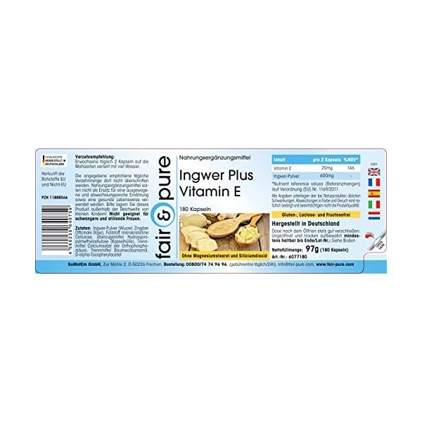 Fair & Pure® - Ginger Plus Vitamine E - 600 mg par jour - végan - 180 gélules de gingembre