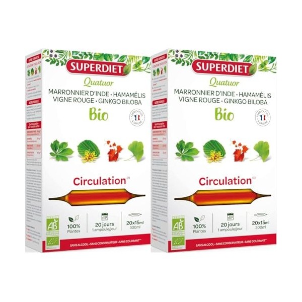 SuperDiet Quator Marronnier, Hamamélis, Vigne Rouge et Ginkgo 20 ampoules de 15ml soit 300ml Lot de 2 