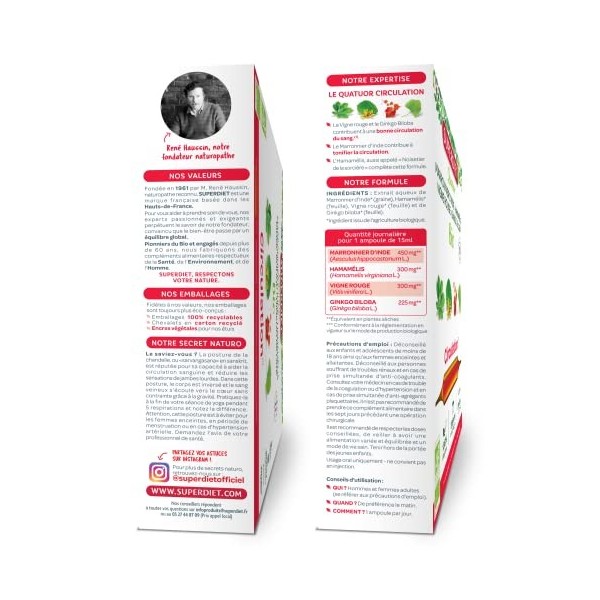 SuperDiet Quator Marronnier, Hamamélis, Vigne Rouge et Ginkgo 20 ampoules de 15ml soit 300ml Lot de 2 