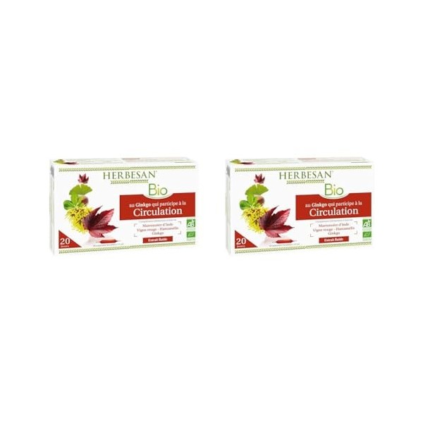 HERBESAN®-CIRCULATION BIO-Circulation, Jambes légères-Marronnier d’inde,Hamamélis,Vigne rouge,Ginkgo biloba-20 ampoules de 15